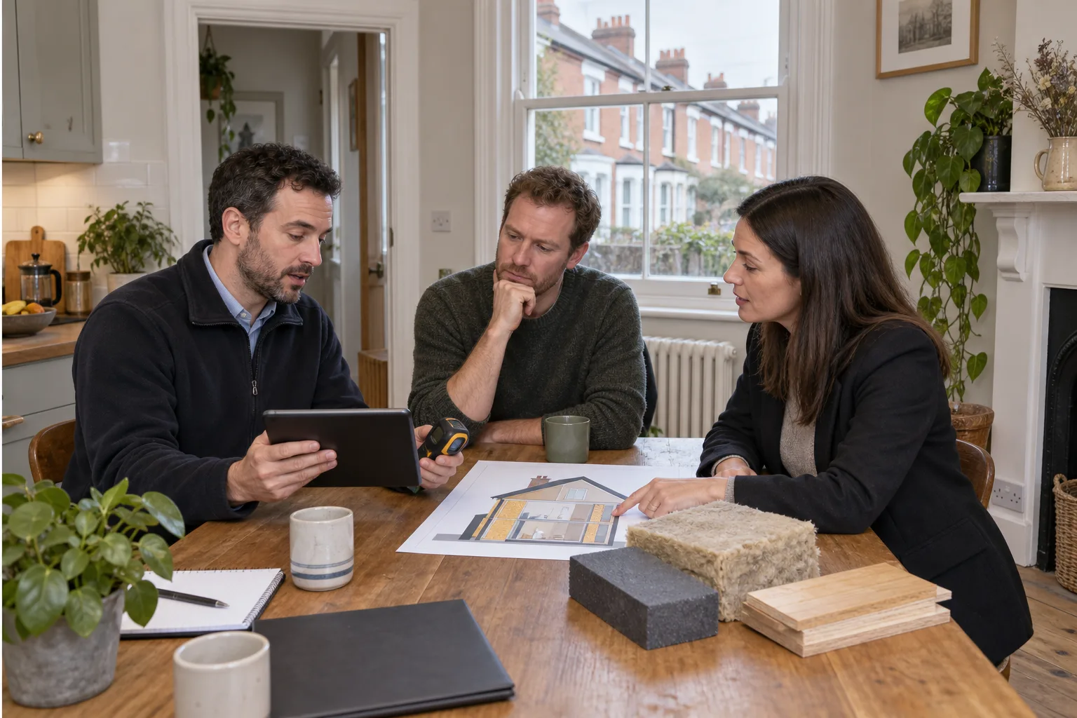 British landlord comparing EPC and whole-house retrofit options with an energy assessor and retrofit consultant in a Victorian terraced home