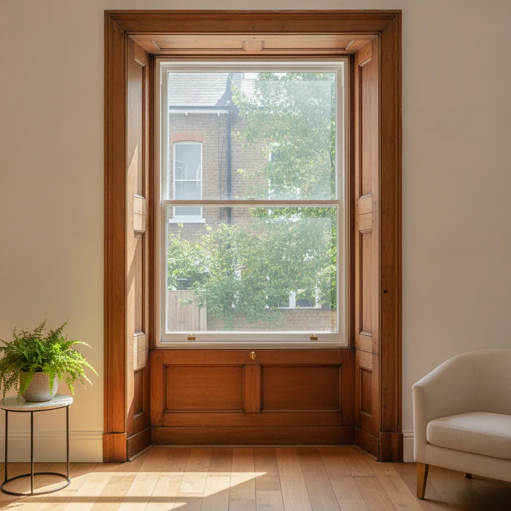 Victorian sash window with secondary glazing panel fitted on the inside, showing the slim aluminium inner frame against the original wooden frame
