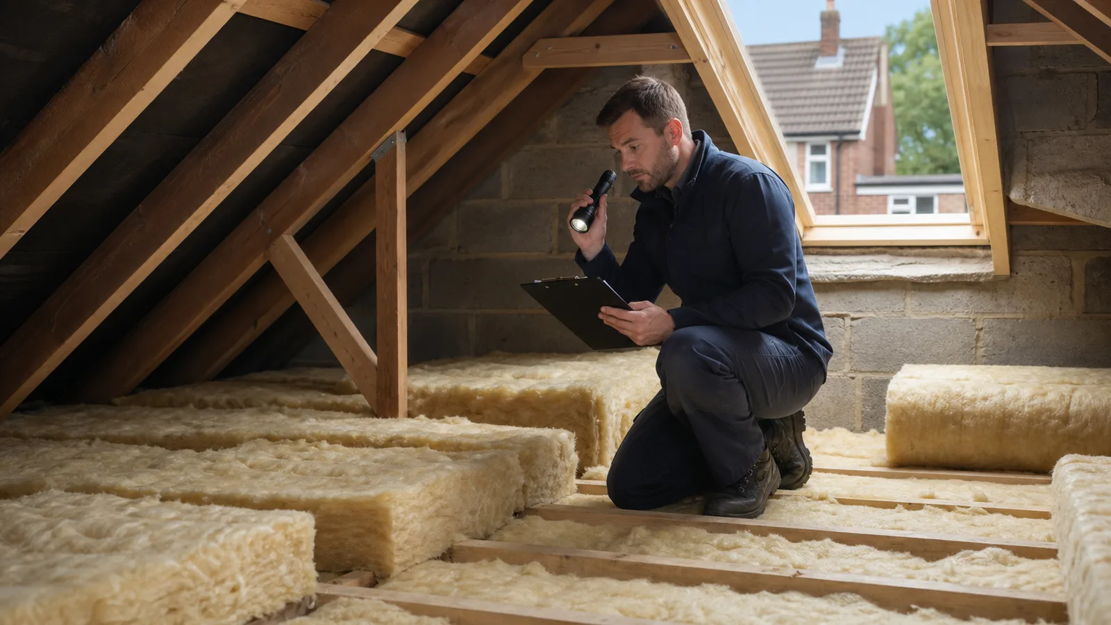 A UK energy assessor checking loft insulation during a Warm Homes Local Grant home survey.