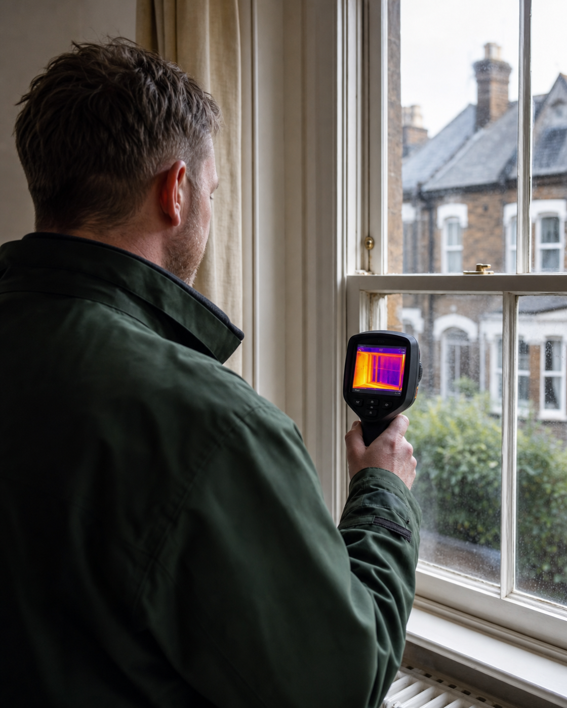 An energy assessor using thermal imaging at a British property