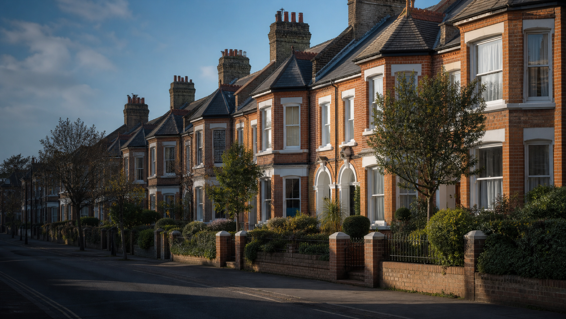 A row of well-maintained British terraced homes