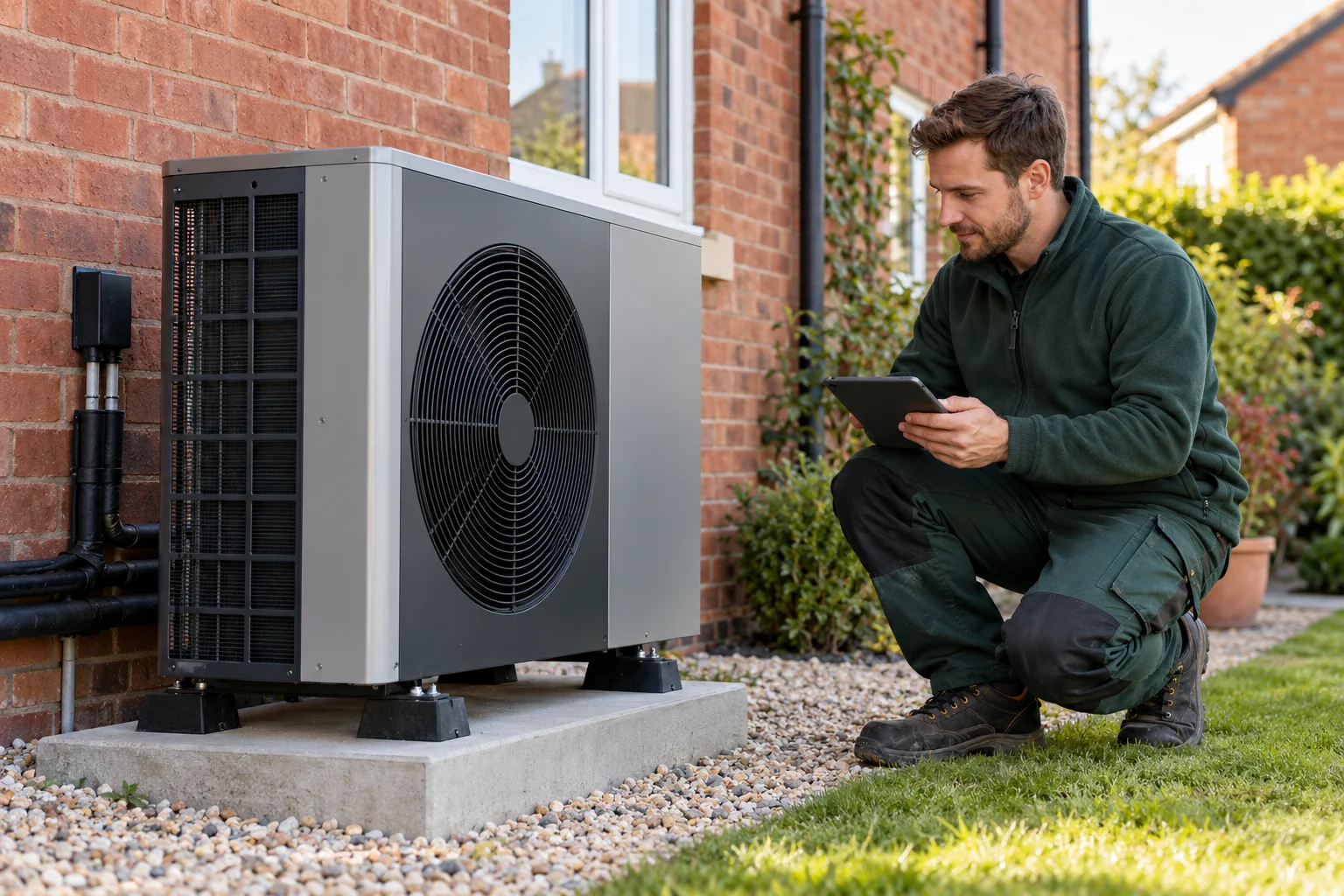 Illustrative photograph of a heat pump engineer inspecting an outdoor unit at a British home