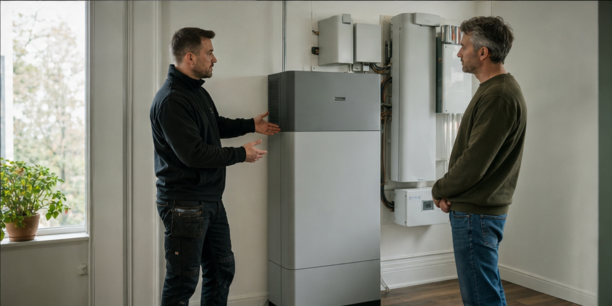 Electrician commissioning home battery storage in a British utility room