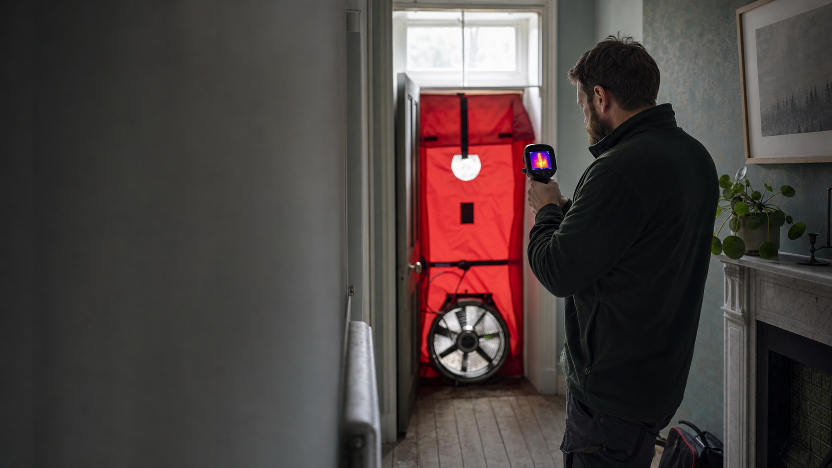 Energy assessor carrying out airtightness testing in a British home
