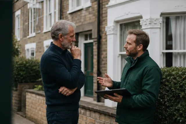 Landlord and energy assessor discussing a British rental property