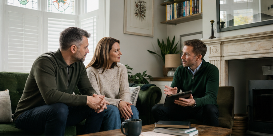 British homeowners discussing energy improvements with an adviser