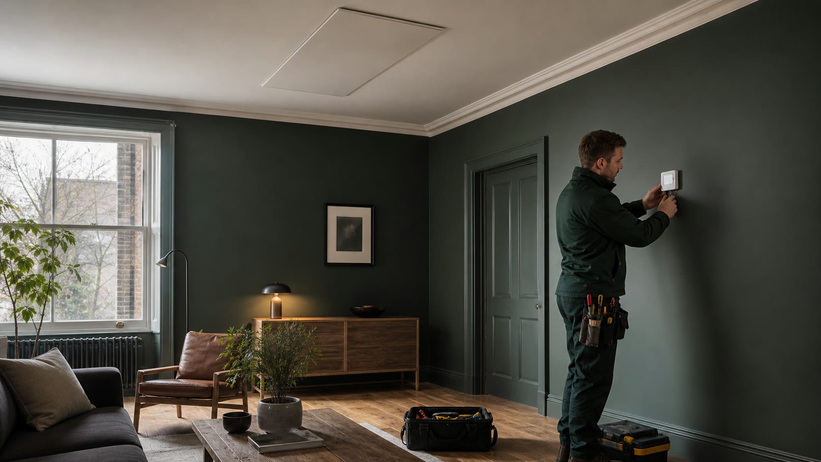 Infrared heating installer commissioning a ceiling panel in a British home