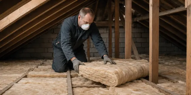 A specialist installing loft insulation in a British roof space