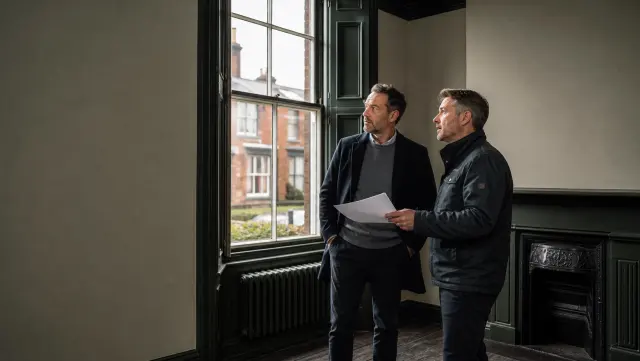Landlord and energy assessor reviewing a British rental property