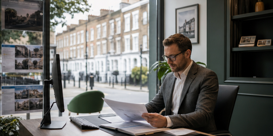 British letting agent reviewing rental property information in an office