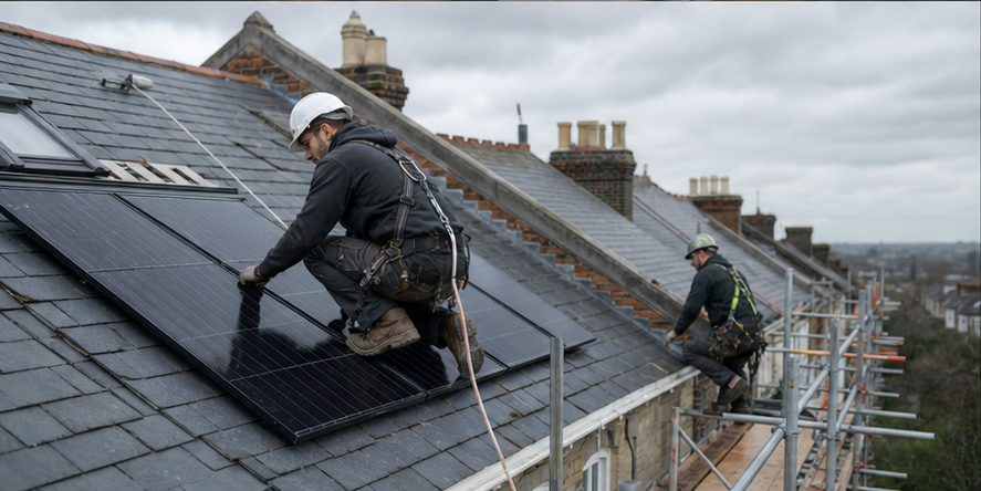 Solar panels supplying a British home and battery storage system