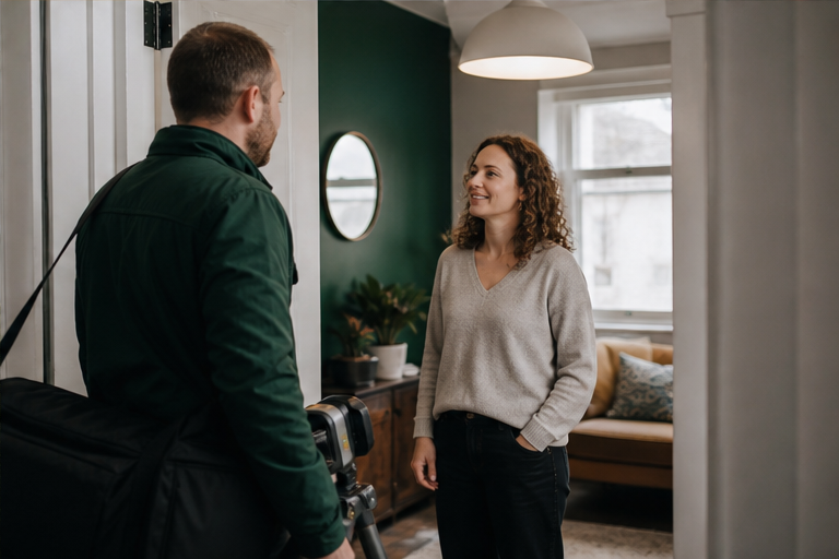 Private tenant welcoming an energy assessor into a British flat