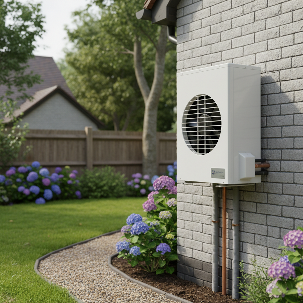 Modern air source heat pump unit installed outside a UK home